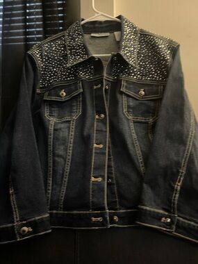 CHICO'S PLATINUM
bejeweled denim jean jacket Studded- Dark Blue Size 3/16XL NWOT